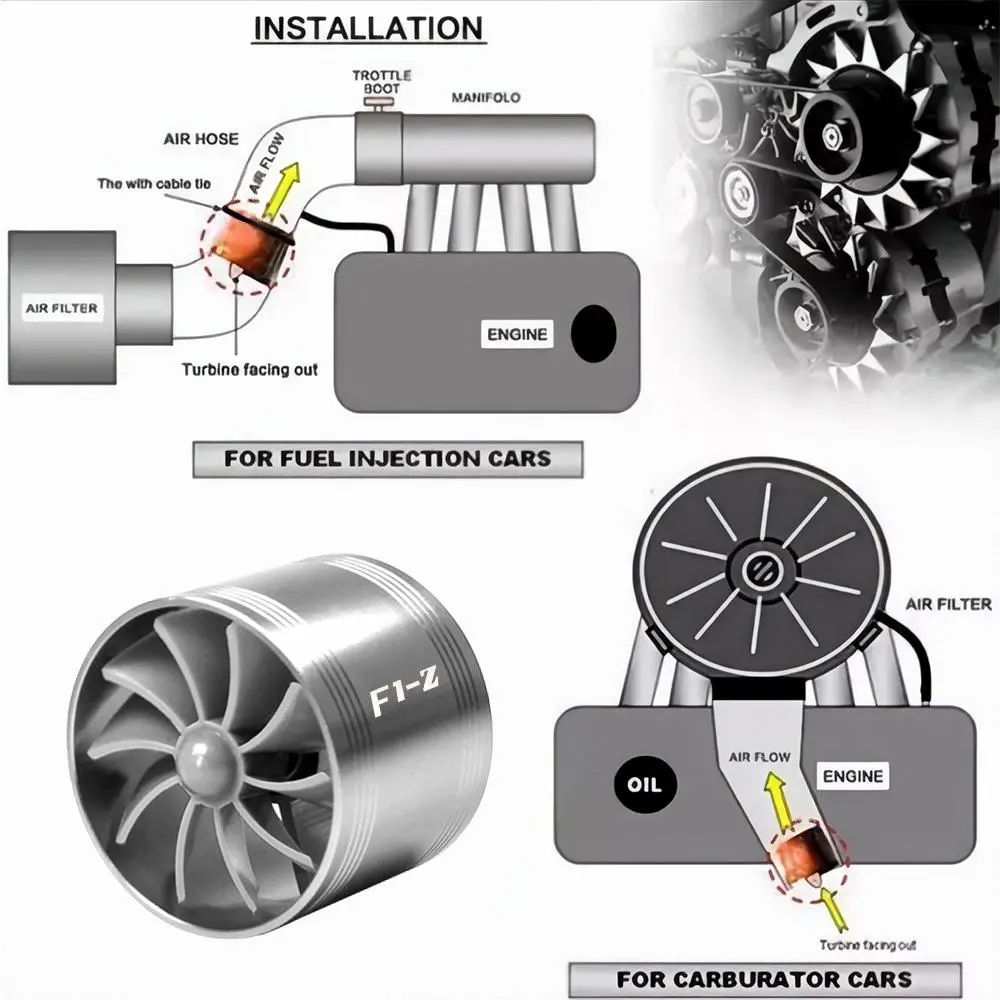 Car Air Intake Turbine Fan Single Sided Aluminum Alloy Universal Fuel Saver Horsepower Boost Enhanced Torque Improved Combustion Efficiency Auto Engine Intake Mod Accessory For Most Vehicles