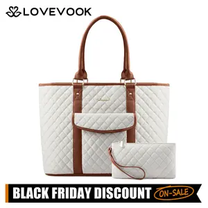【NEW IN】LOVEVOOK Laptop Tote Bag for Women,Diamond Quilted Travel Work Bag,Large Capacity and Independent Laptop Compartment,with Water Bottle Bag and Luggage Strap,Waterproof Polyester and PU Leather Material,Suitable for Multiple Occasions