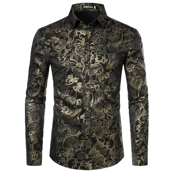ZEROYAA Men's Luxury Vintage Dress Shirt, Metallic Gold Print Slim Fit Long Sleeve Button Up for Party & Prom, Menswear