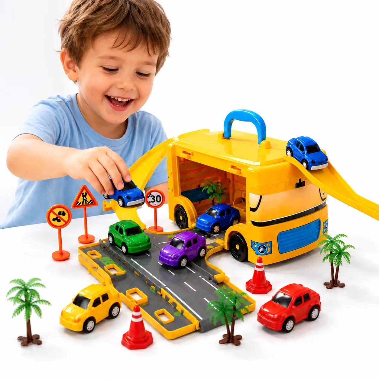 2-in-1 Car Carrier Playset with Fold-Out Road Track, Mini Cars & Portable Storage Truck Toy, Colorful Truck Design for 6-8 Years Kids (Trips, Family Visits, Halloween/Christmas Gifts, Blue/Yellow Random Color)