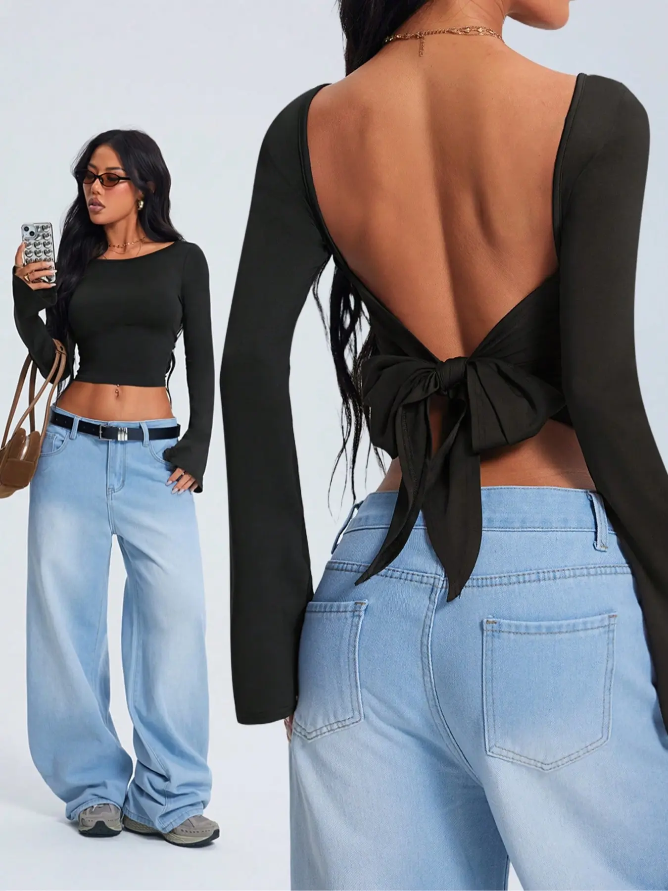 Women's Backless Bow Tie Casual Cut Out Basic Solid Long Sleeve Fitted T-Shirt, Slim Fit Casual Top for Daily Wear, Festive Party Fashion, Lady Womenswear, Boho Fashion Top, Backless Tops