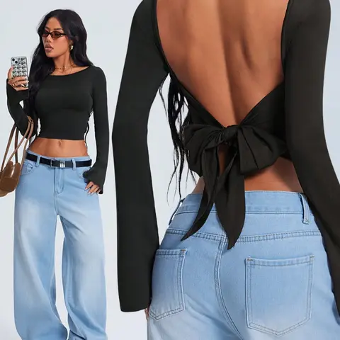 Women's Backless Bow Tie Casual Cut Out Basic Solid Long Sleeve Fitted T-Shirt, Slim Fit Casual Top for Daily Wear, Festive Party Fashion, Lady Womenswear, Boho Fashion Top, Backless Tops