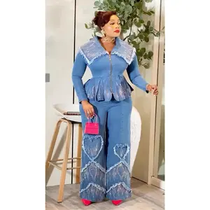 Denim & Diamonds 2-Piece Set, Matching Rhinestone Peplum Top + Wide-Leg Pants,  Glam Statement Birthday Outfit