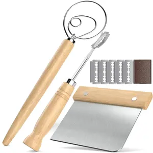 Bread making tools Danish Dough Whisk Set Stainless Steel Manual Dough Mixer - Handheld Flour Beater & Egg Whisk,dough scraper,Bread Lame ,Baking Supplies Great for Baking Sourdough, Pizza, Pastry