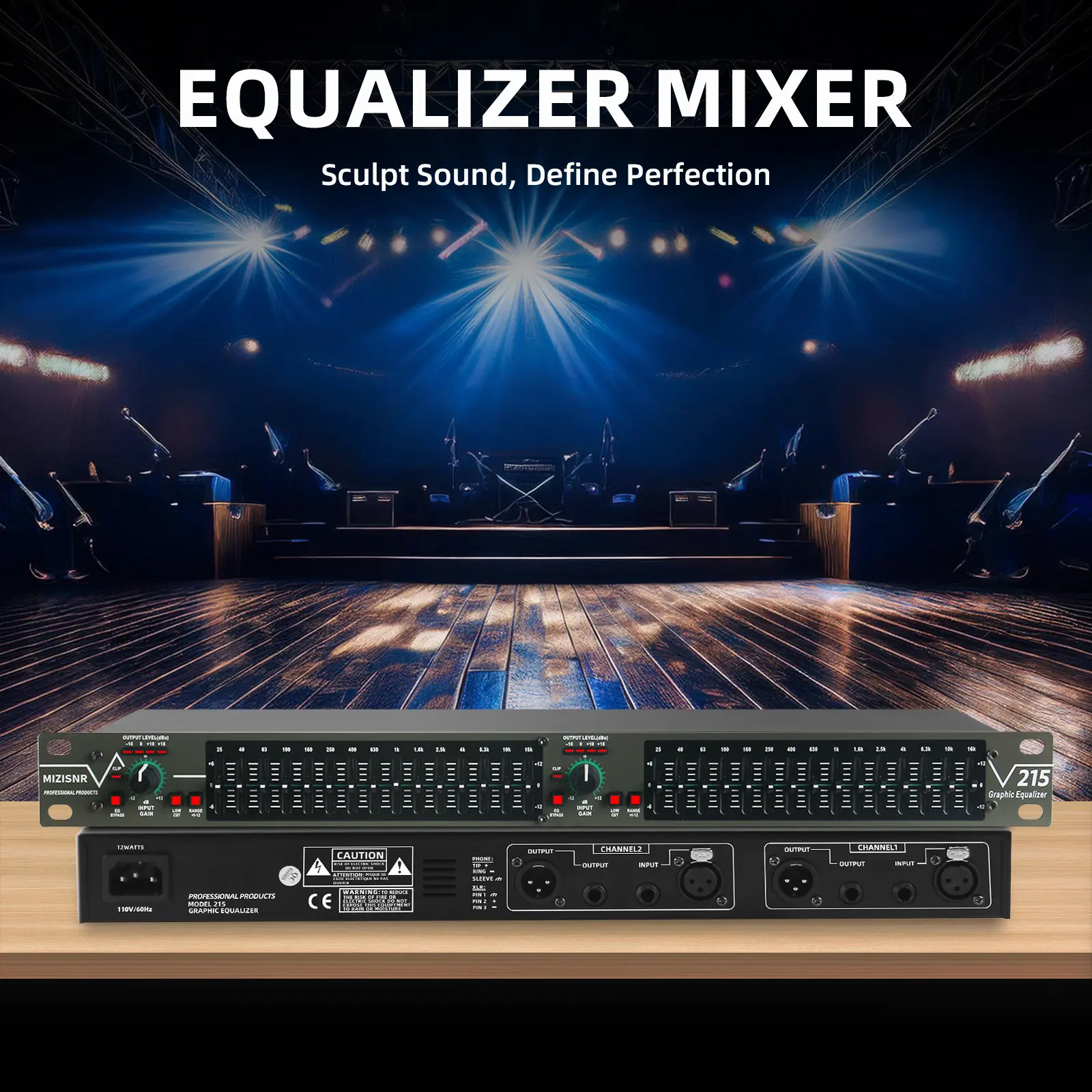 Stereo Equalizer for Home Audio System Dual Channel 15-Band Graphic Equalizer Professional Rack Mount DJ EQ Noise Reduction EQ215 Adjustable Gain Decay Low-Cut Switch