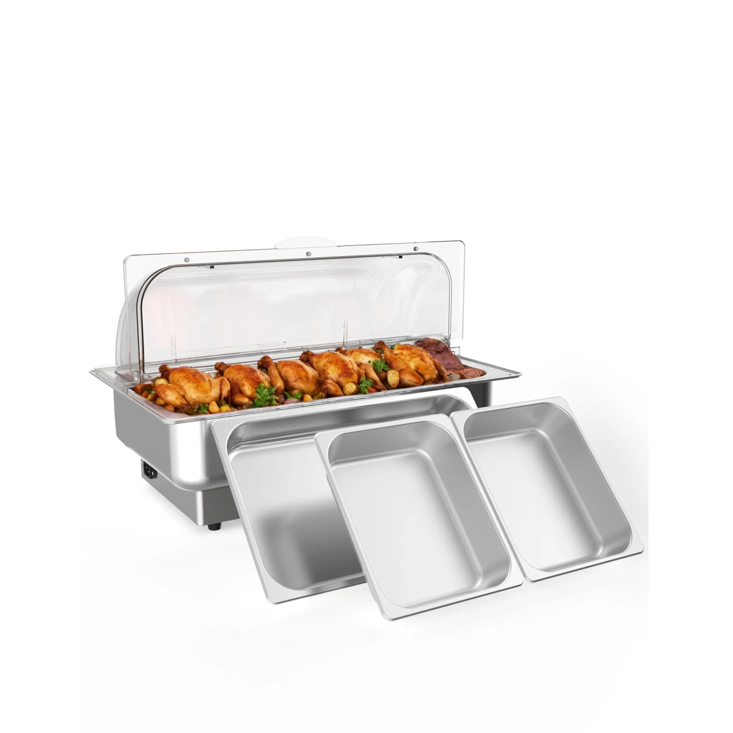 GARVEE Plug-In Ready Buffet Server Warmer, 9 QT Stainless Steel Food Server Set with 1 Full-Size Pan & 2 Half-Size Pans (Set Includes 3) for Weddings, Parties