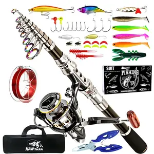 KAW Tackle Telescopic Carbon Fiber Fishing Rod & Reel Combo for Beginners with Spinning Reel Lures Pliers & Thickened Carrier Bag 01