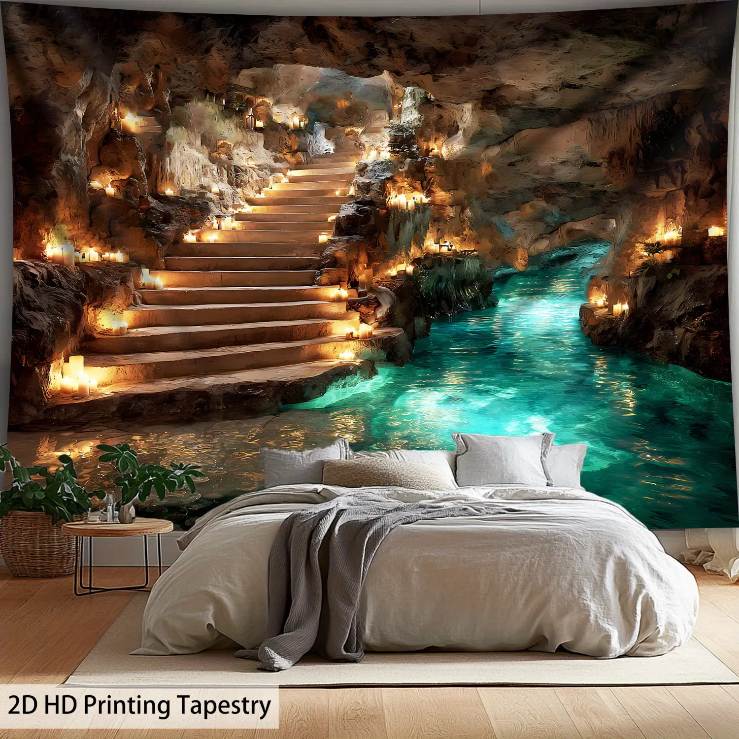2D Flat - 2D Flat, 1pc Extra Large Cave Adventure Tapestry - 2D Underground Stalactite Ceiling And Turquoise River Landscape Wall Hanging - Wrinkle-Resistant with Free Hanging Clips Suitable for Living Room, Bedroom
