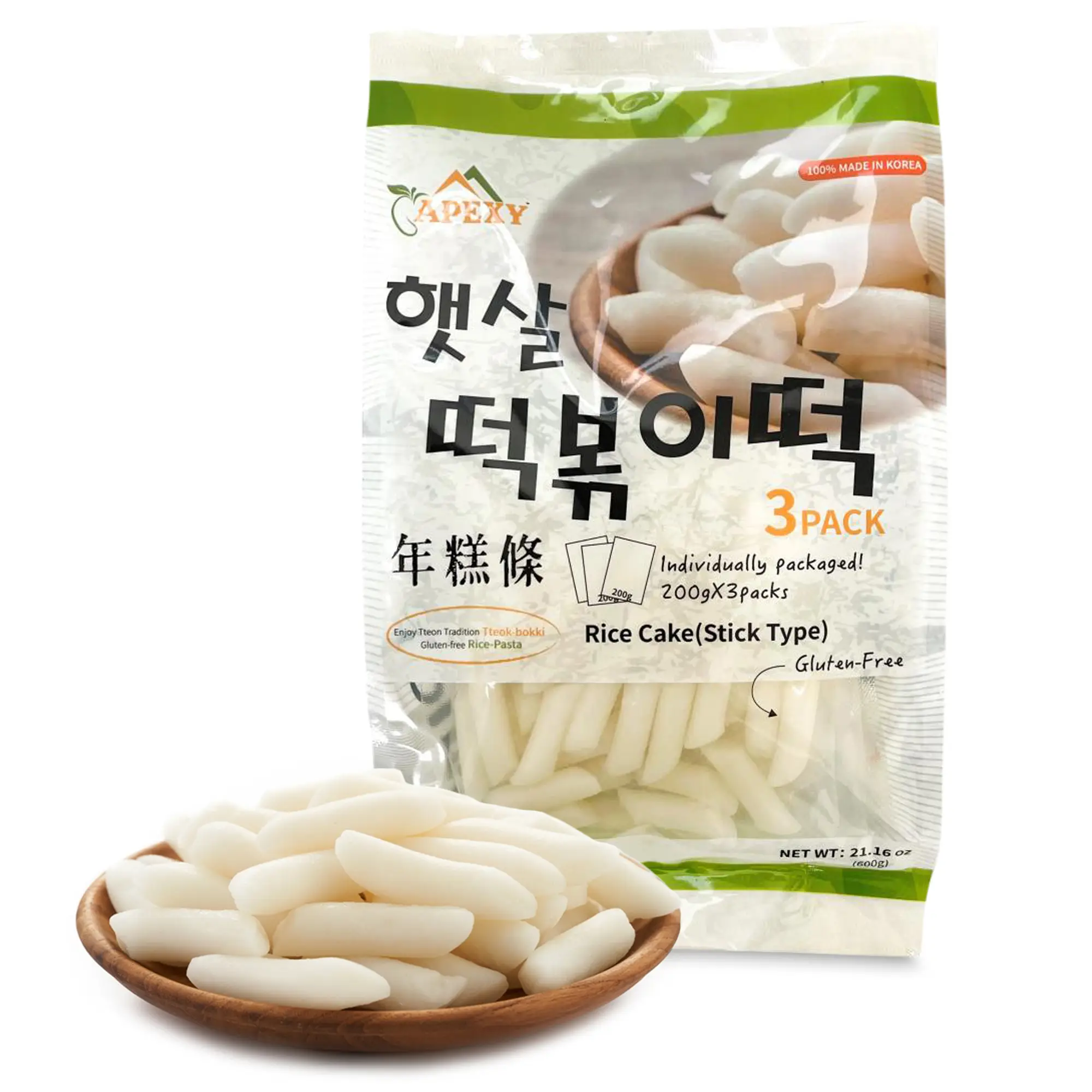 Apexy Korean Rice Cake – Chewy Tteok, Tteokbokkik, Rice Cake Soup, Vegan and Gluten Free Non-GMO 21.16 oz (7.05 oz X 3 Individual Pack) Stick Type Nat