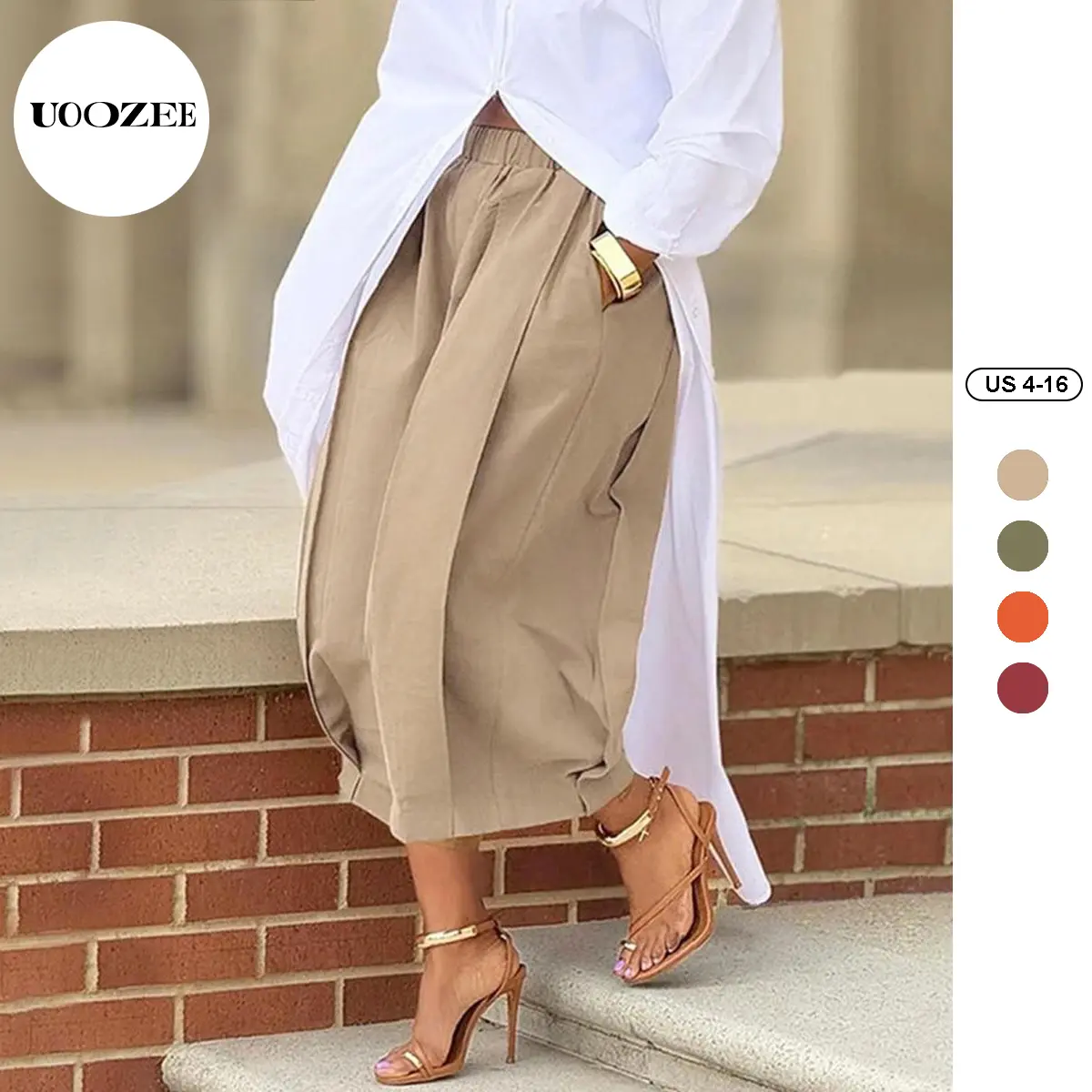 UOOZEE Women's Plain 100% Cotton Baggy Minimalist Casual Elastic Waisted Lantern Bottom Pants - Stylish Women's Wear, Khaki/Multicolor, Cropped/Long with Pockets, All-Season Soft Breathable for Teachers