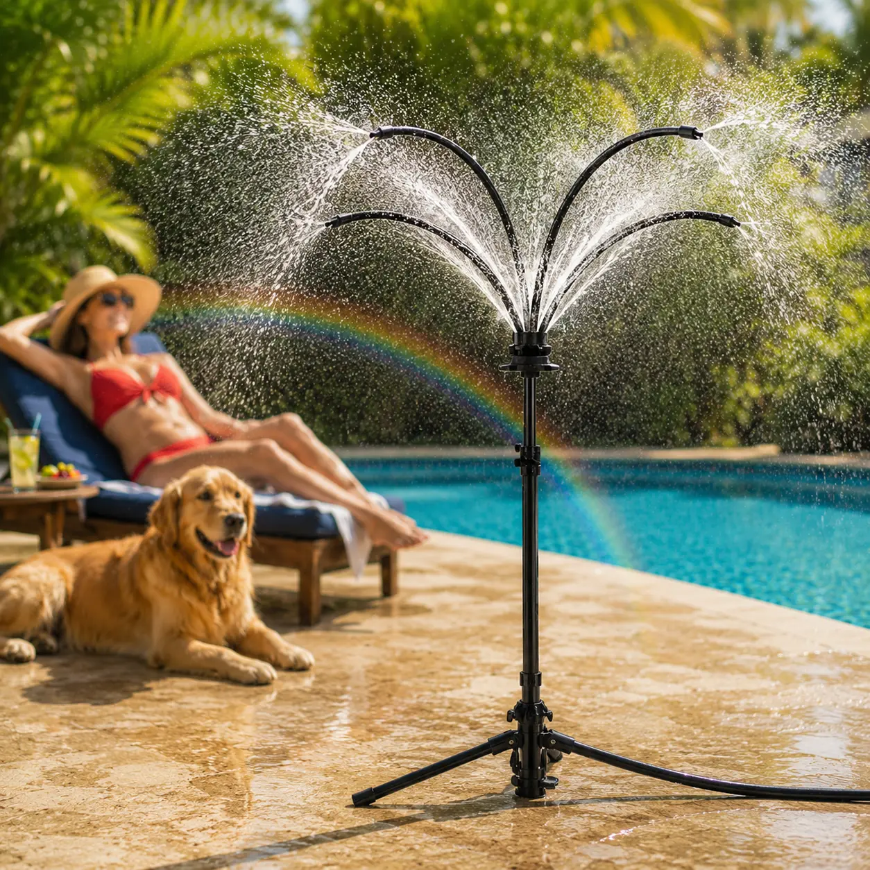 Home Care Supplies 4-Nozzle Freestanding Outdoor Fine Mist Cooling System - Standard Hose-Compatible Lawn Sprayer, Multifunctional Misting Watering System for Pool Edges, Patio, Pool Party, Multifunctional Sprayer