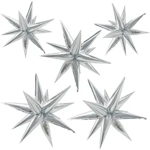 60Pcs Silver Star Balloons Birthday Decorations Explosion Mylar Balloons 12 Spike Balloon Large Foil Prom Balloon for Wedding Anniversary Christmas New Year Eve Party Backdrops Supplies