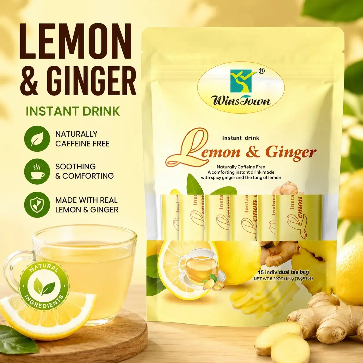 WinsTown Lemon & Ginger Loaded Fruit Herbal Tea Beverage 15 Sachets (150g), Caffeine-Free , Real Lemon, Ginger & Honey, Additive-Free Natural Instant Powder for Hot/Cold Drinks, All Ages Suitable
