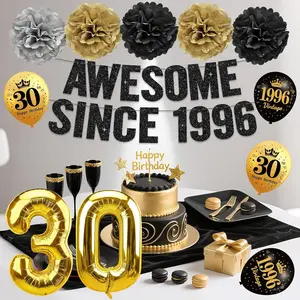11-Piece 30th Birthday Party Supplies Set,30th Birthday Decorations for Men - Black Gold Pre-strung Awesome Since 1996 Banner, Paper Pompoms, Vintage 1996 Happy Birthday Balloons,30th Birthday Party Supplies