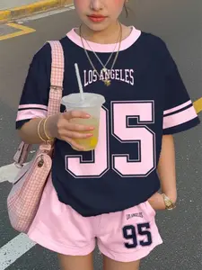 Teen Girls Casual Blue Pattern Short Sleeve Round Neck T-Shirt and Shorts Set, Summer Fall Fashion, Comfortable, Fashion Clothes Set