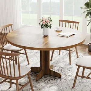 Round Dining Table for 4, 47 Inch Farmhouse Kitchen Table with Wood Tabletop and Stable Base, Circle Dinning Room Table for Home Dining Room Living Room, Brown (Only Table)