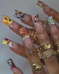 Alice WonderNails – Colorful 3D French Tip Candy Press On Nails with Rainbow Rhinestones | Handpainted Summer Acrylic Nails | Boho Nail Set – AW380