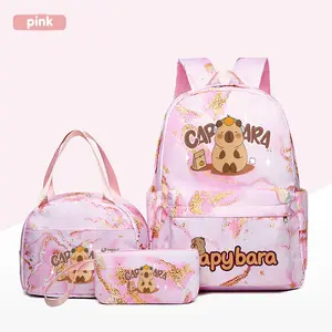 3pc Cracked Design Backpack Set, Cute Cartoon Capybara Theme, Multiple Colors, Durable Material, Computer Compartment, Lunch Bag & Pencil Case, School Backpack