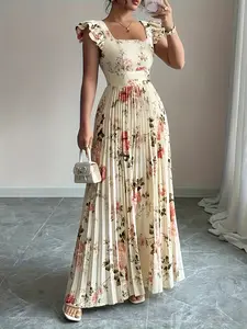 Elegant Women's Floral Print Pleated Hem Dress, New Autumn Summer Fashion, Stylish and Comfortable, Perfect for Casual Wear