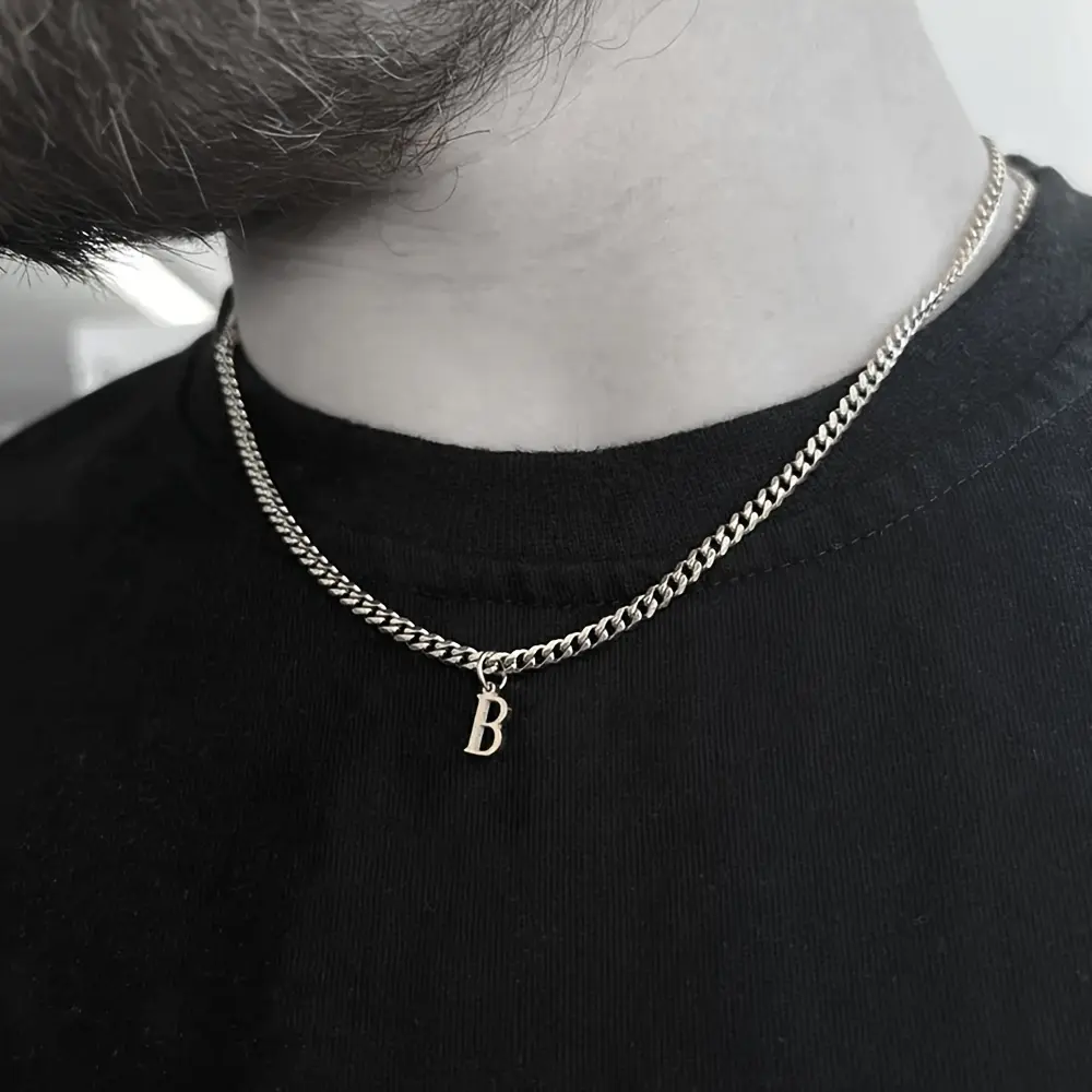 Silver Stainless Steel Letter Initial Necklace - Chunky Chain Jewelry - Men'S Necklace Father'S Birthday Day Gift