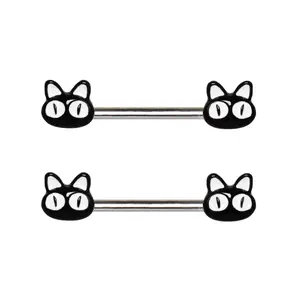 Black Enamel Alley Cat Nipple Barbells - 316L Stainless Steel - Pair