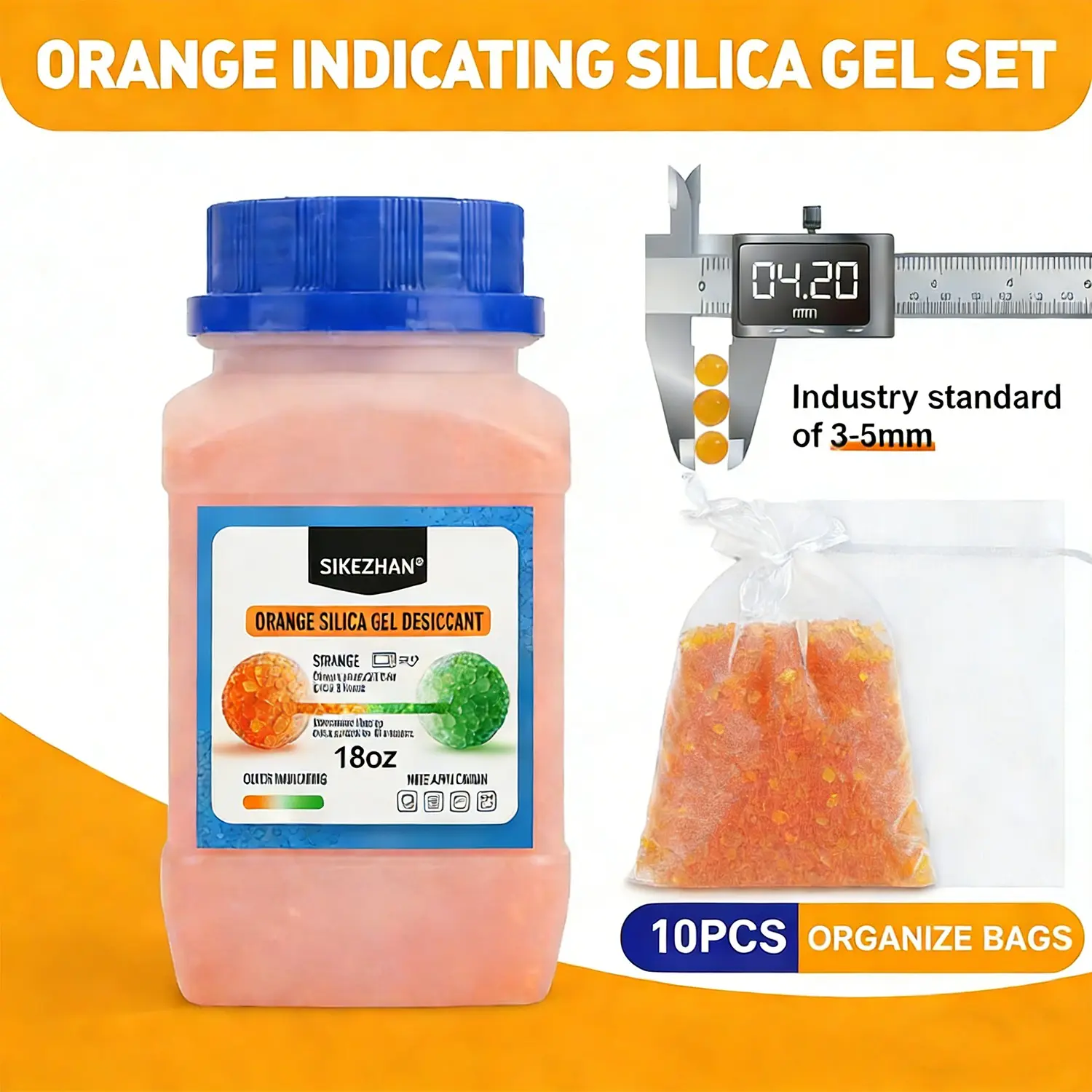18oz Orange Indicating Silica Gel Beads Reusable Desiccant Moisture Absorber, Moisture Absorbers For Storage, for 3D Printer Filament Electronics Dehumidifier with 10 Mesh Bags Non-Toxic Cobalt-Free Safe Protect Camera Jewelry Safe Storage