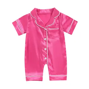 Ma&Baby Infant Baby Girl Boy Silk Jumpsuit Pajamas Short Sleeve Button-Up Satin Pjs Footie  Romper Pajama Nightgown