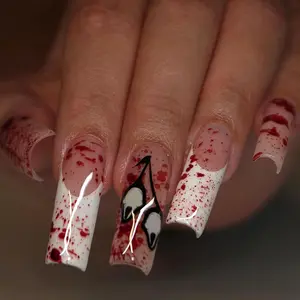 Press on Nails - Long Square Fake Nails with Goth Blood, Acrylic Gothic Ghost Design 24 pcs