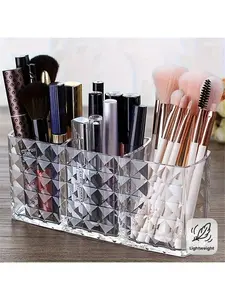 Large Capacity Clear Divided Makeup Brush Organizer - No Assembly Required, Lightweight Stable Base, Geometric Pattern Polished Surface, Storage for Lipsticks, Eyeshadows, Cosmetics & Skincare, Perfect for Vanity & Bathroom Countertop
