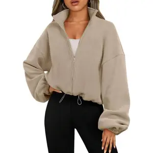 Women's Spring Fleece Crop Jacket With Zipper And Drawstring Mother's Day Outfit Women