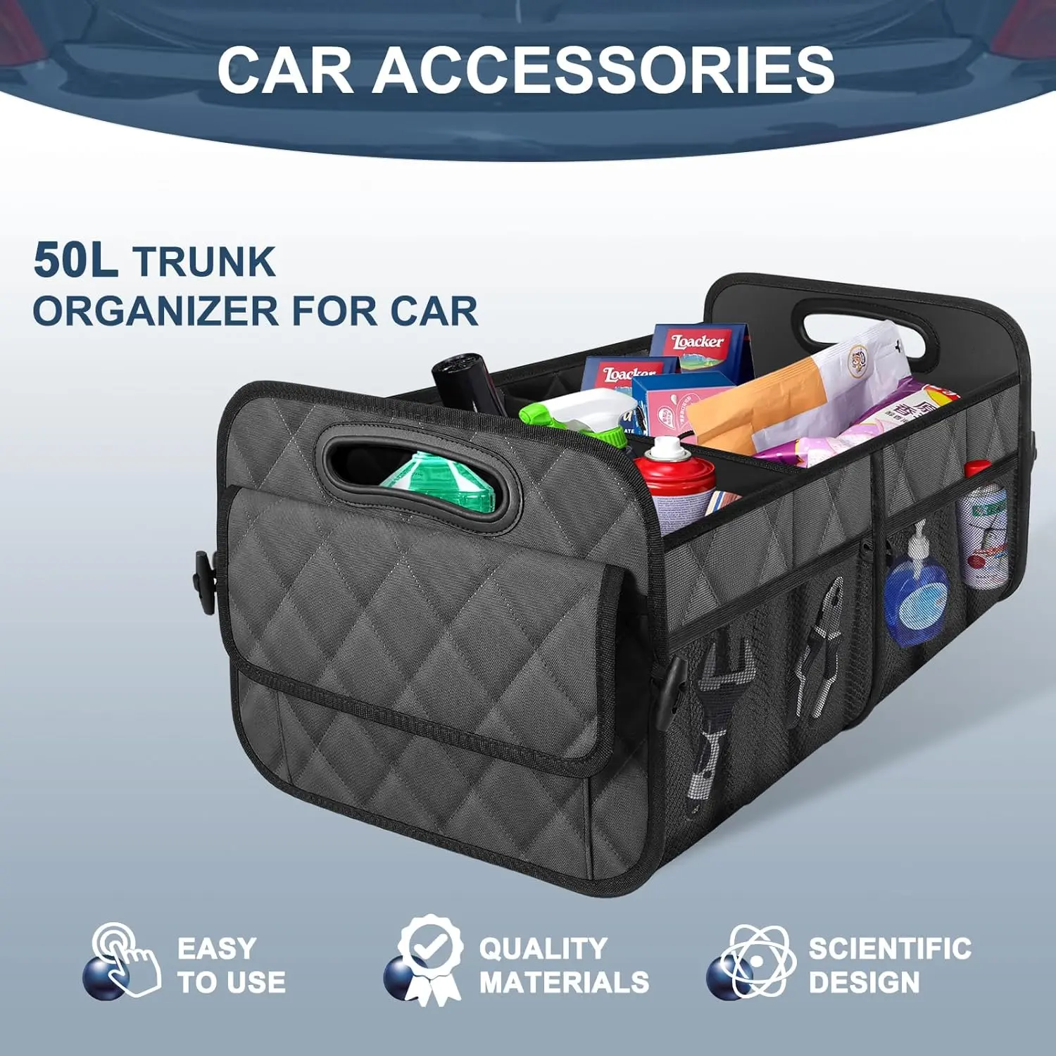 Collapsible Car Trunk Organizer with Reinforced Handles, Storage with 6 Pockets, Car Accessories for Women/Man