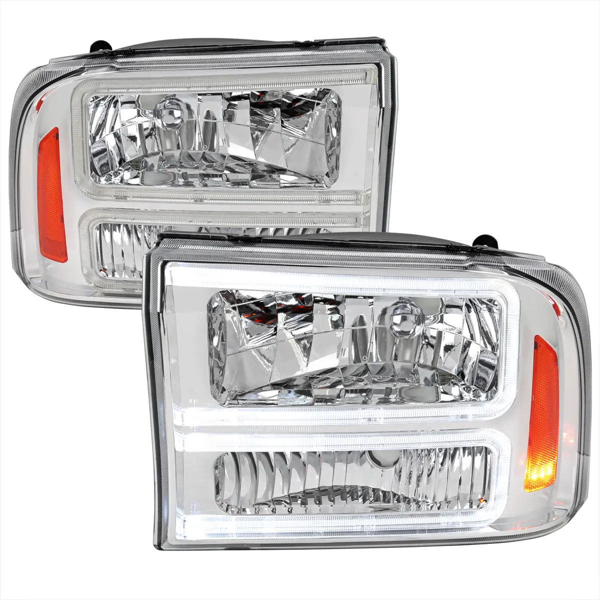 1999-2004 F-250/F-350/F-450/F-550/2000-2004 Excursion Euro Factory Style Headlights with Dual LED C-Bar  (Chrome Housing/Clear Lens)