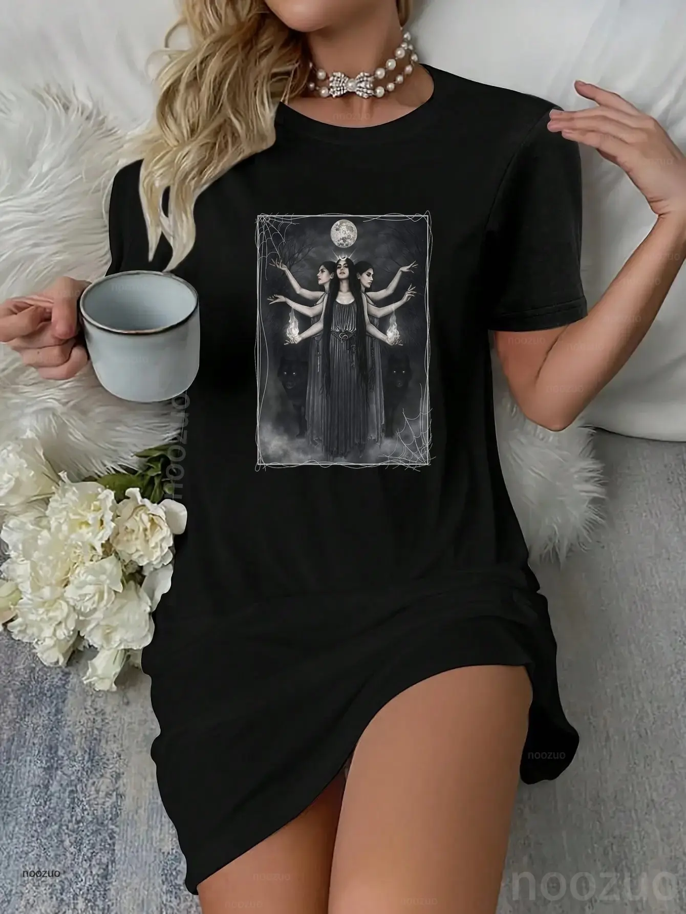 Women's T-Shirt Dress with Witchy Graphic Print, Vintage Round Neck Short Sleeve Cottagecore Style for Casual Wear, Shortsleeve, Everyday