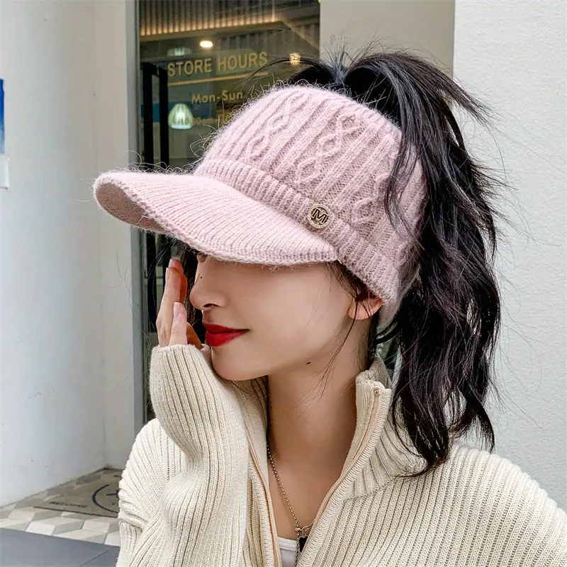 Women's Fleece-Lined Wool Ponytail Visor Hat - High Ponytail Design with Soft, Skin-Friendly, Warm, Breathable, Stretchy Ear Caps - Ideal for Autumn, Winter Outdoor Activities, Casual Wear, Ponytail Hat, High Ponytail Hat