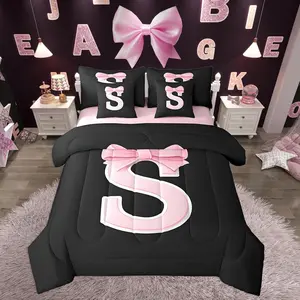 Kawaii Pink Bow Comforter Set with Sheets,Gifts for Women Teen Girl,Monogrammed 7 Piece Bedding Set,Soft Personalized Initial Letter S Bed in a Bag with Comforter,Sheets,Pillowcases