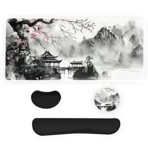 Chinese Landscape Pattern Mouse Pad & Keyboard Wrist Rest & Coasters Set (4 Counts/set), Ergonomic Wrist Support, Waterproof Computer Mat, Suitable for Home Office Gaming