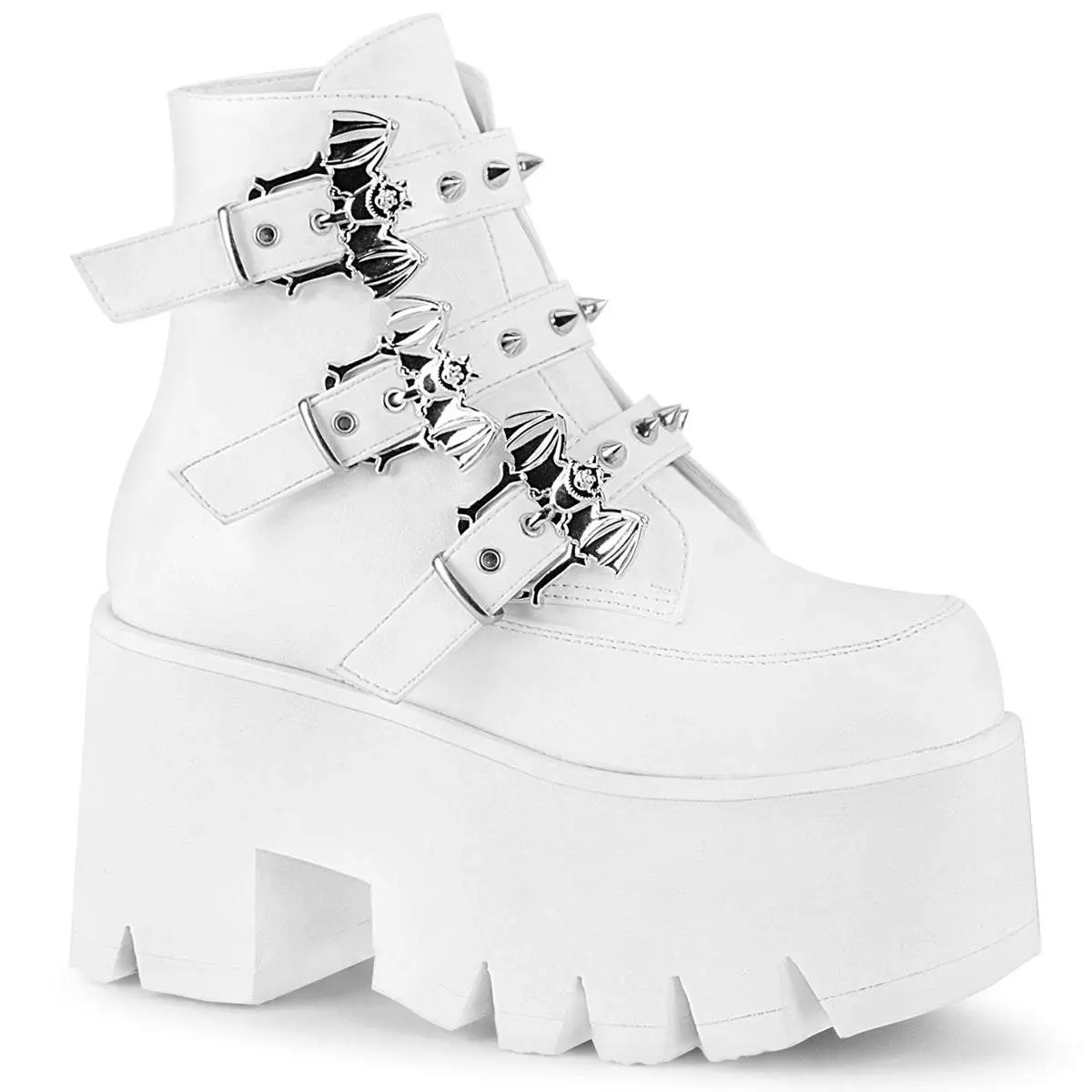 Demonia Ashes-55 White Round Toe Ankle Boot with Studded Bat Buckle Straps