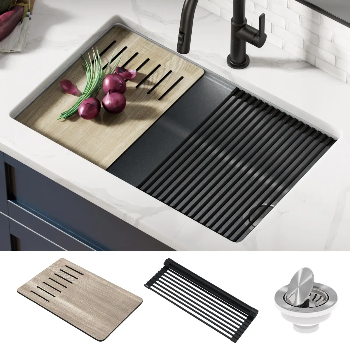 Kraus 30 in. Modern Bellucci Workstation Undermount Granite Composite Single Bowl Indoor Kitchen Sink with Drying Rack, Bacteria-Repelling Chef's Kit, Non-Porous, Heat-Resistant Stainless Steel Metallic Gray Drainage Solution, Vivid Fade Resistance