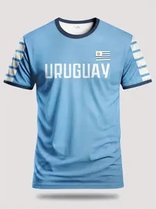 Uruguay National Team Fan Short Sleeve T-Shirt, Blue Classic Design, Casual Fitted Long Graphic Tee for Soccer Fans