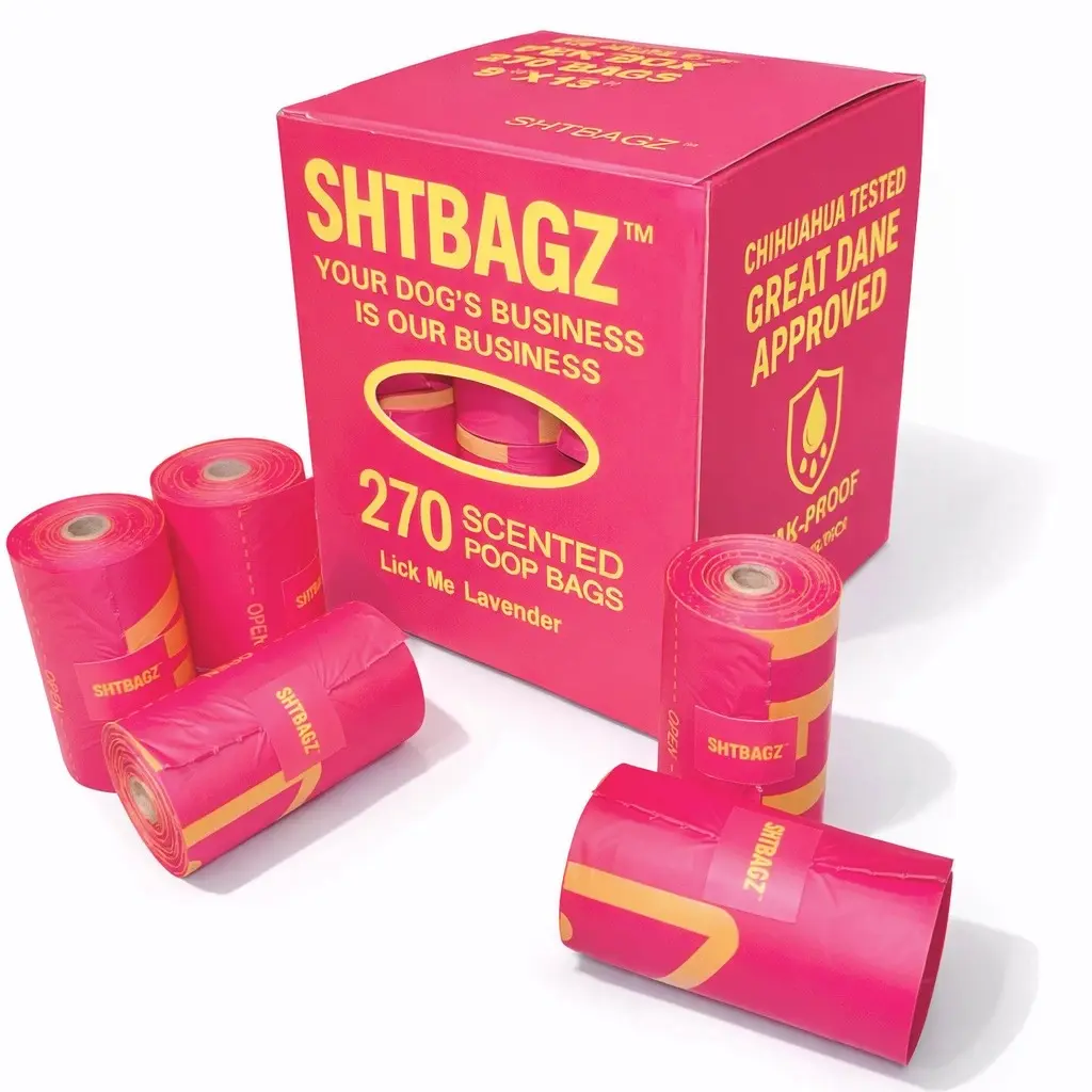 SHTBAGZ 270ct Dog Poop Bags – 18 Rolls, Funny Phrases on each bag… Ultra Thicc 20 Micron, Leakproof, Hot Pink
