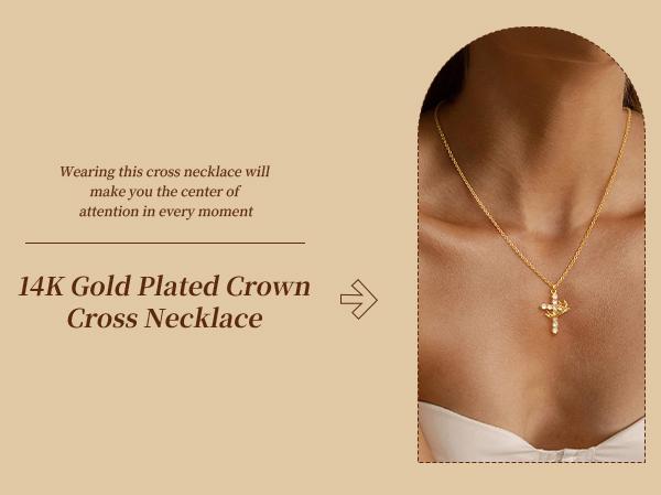 Tewiky Easter Gifts Upgraded Crown Cross Necklace for Women, Crown Cross Pendant Necklace, Non-Tarnish Faith Jewelry for Women, Christian Religious Gifts for Her summerwins