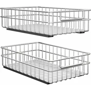 Pull out Cabinet Organizer Stainless Steel 2-Pack Slide out Drawer with Silent Full-Extension Slides Adhesive Roll out Can Spice Storage Basket Shelf Rack for Pantry Kitchen Bathroom Home Closet