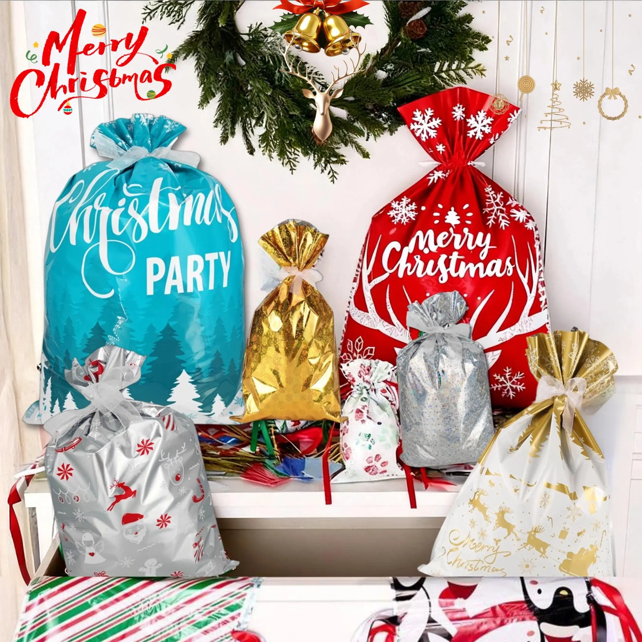 60-piece Gift Bag & Tags Set, Large Medium Small Wrapping Bags 18 Design Goody Bags for Presents with Tags Xmas Gift Bags for Party, Reusable Drawstring Goody Bags for Presents Xmas Holiday Santa Gift Bags Unisex Festive Gifting
