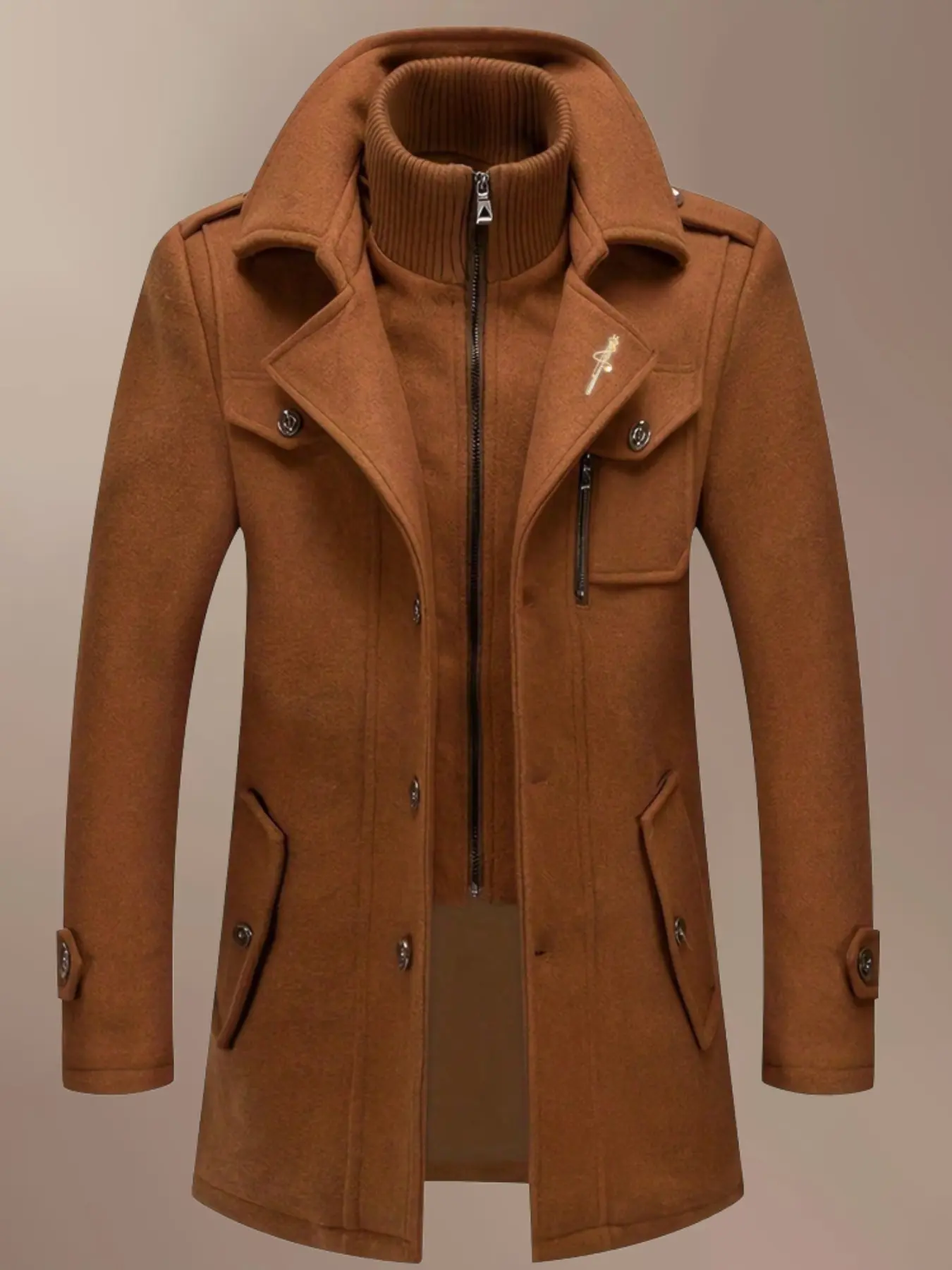 Men's Fashion Double Collar Mixed Fiber Long Coat, Zipper and Pocket Design, Warm and Durable, Suitable for Business or Casual Autumn/Winter Jackets, Casual Fall Jacket, Collared Coats