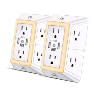 [2-Pack] POWRUI Multi Plug Outlet Surge Protector - 6 Outlet & 3 USB Wall Plug and Night Light Function, 3-Sided Power Strip with Adapter Spaced Outlets - White，ETL Listed