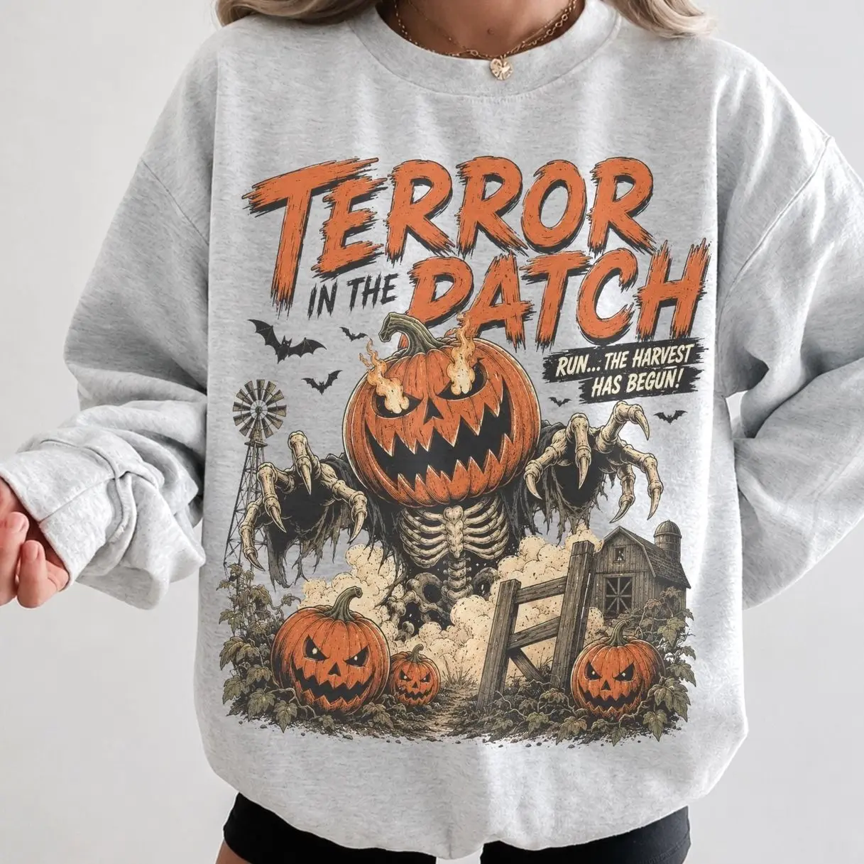 Retro Haunted Pumpkin Patch Sweatshirt, Trendy Halloween Crewneck, Spooky Season Skeleton Shirt, Vintage Halloween Graphic Pullover, Cute Fall Autumn Apparel, Cozy Aesthetic Holiday Gift for Women and Men, Retro Spooky Season Sweatshirt