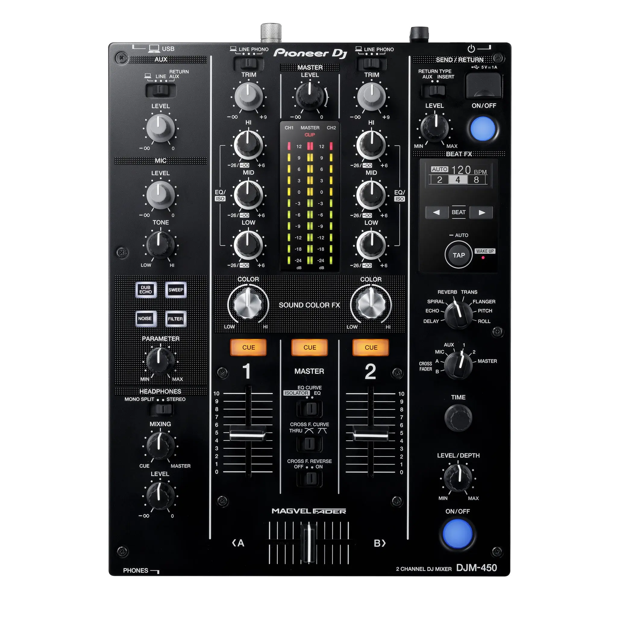 Pioneer DJ DJM-450 Compact 2-Channel Digital Audio Mixer with Adjustable Controls, USB Port
