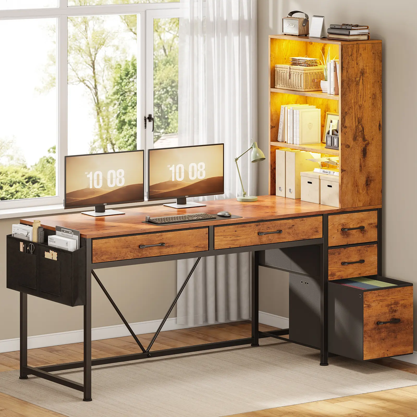 Sedeta 47.2-Inch Reversible Gaming Desk - Wooden Desktop, LED-Light Drawers, Bookshelf, Modern Durable Home Office Desk for Small Spaces, Commercial Furniture, Desks For Gaming