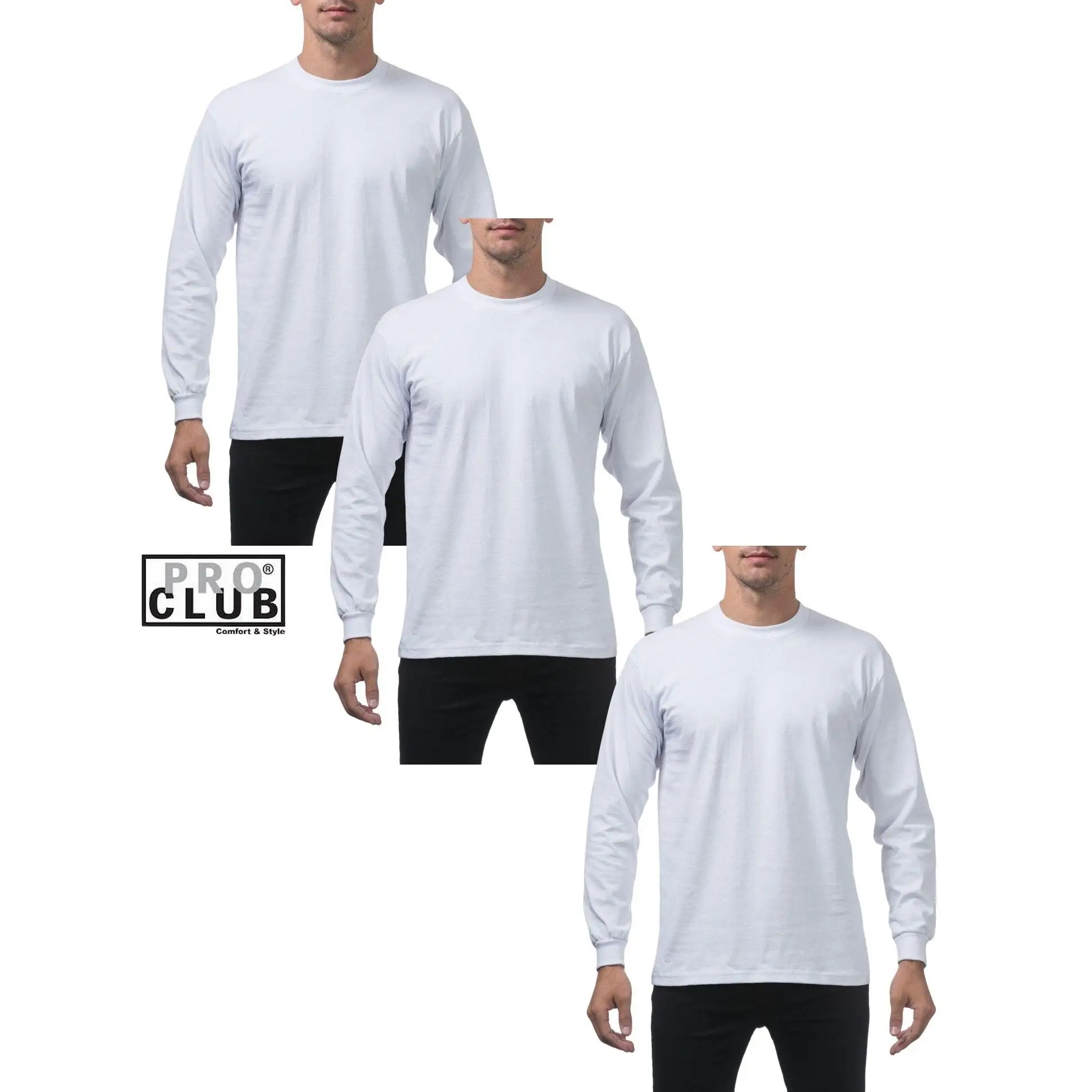 3 Pack Pro Club Men's Heavyweight Long Sleeve T-Shirt Menswear Top