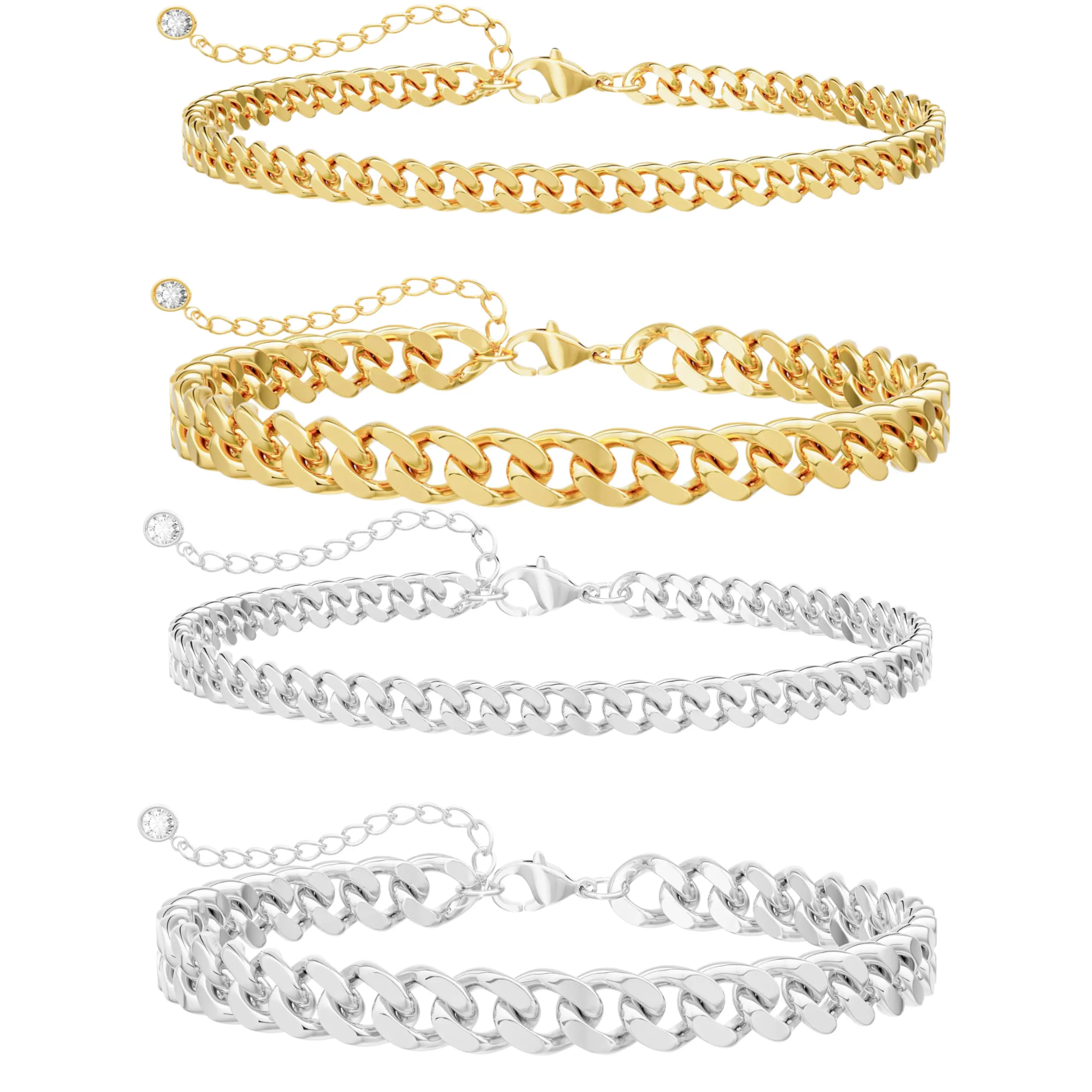 Tewiky Gold & Silver Double Layer Cuban Link Anklet Set for Women, 8mm & 5mm Cut Cuban Chain Ankle Bracelet, Chunky Layered Chain Jewelry, Trendy Summer Beach Fashion Gift